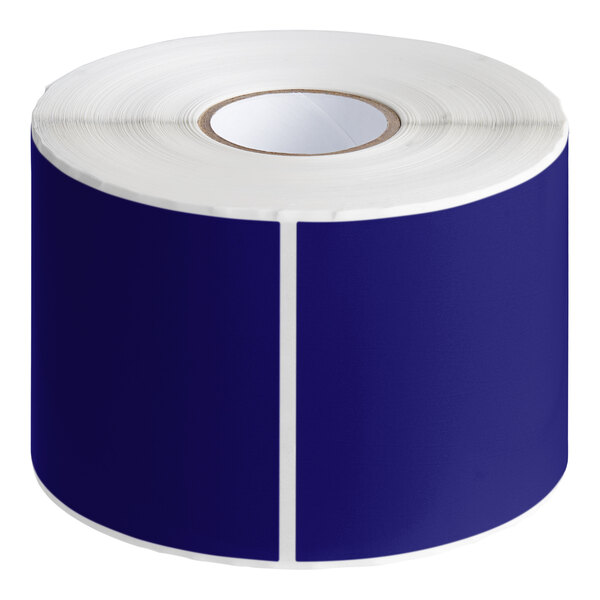 A roll of dark blue Lavex rectangular labels with white semi-gloss paper.