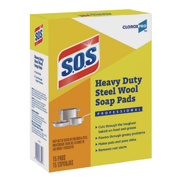 A yellow and white box of S.O.S steel wool soap pads with blue and white text.