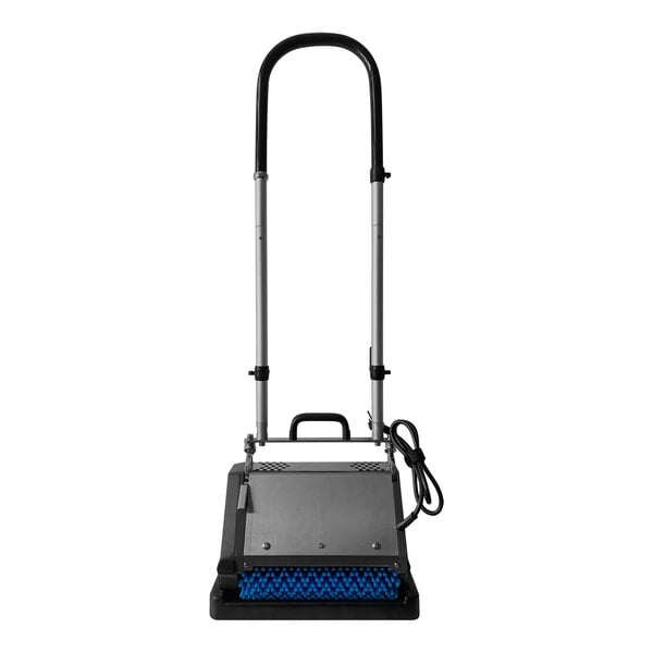 A black and blue CRB Cleaning Systems floor cleaning machine with a handle.