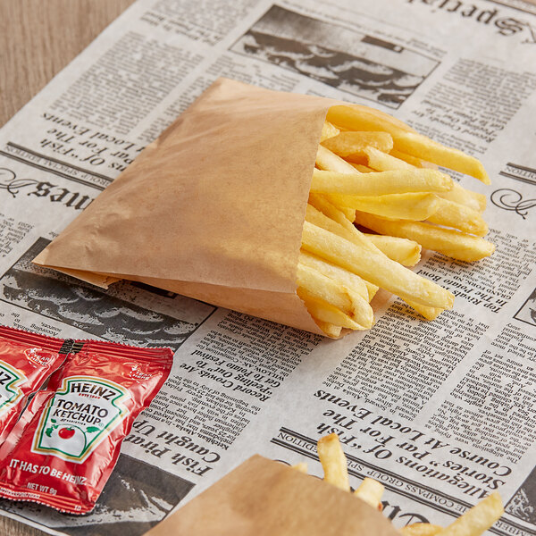 A newspaper with french fries in a Bagcraft EcoCraft natural paper bag.