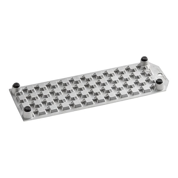 A silver metal rectangular tray with holes and black screws.