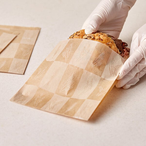 A hand in gloves holding a sandwich in a Bagcraft EcoCraft paper bag.