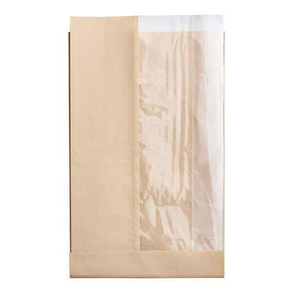 A brown paper deli bag with a clear plastic window.