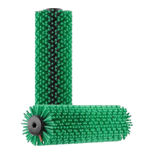 A close-up of a CRB Cleaning Systems green scrub brush with black bristles.