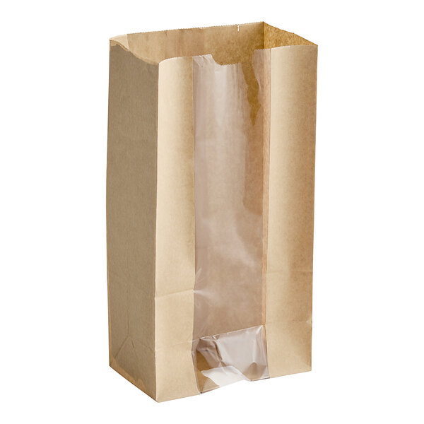 A brown paper Bagcraft bakery bag with a clear plastic window.