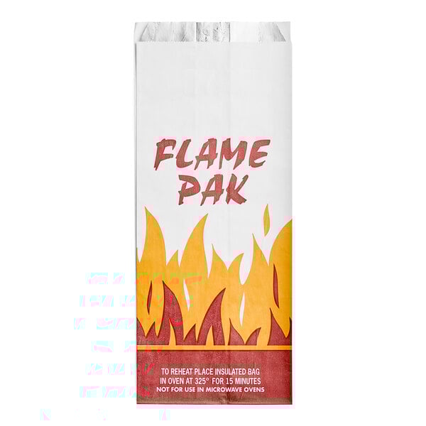 A Bagcraft white insulated bag with red and yellow flames on it.