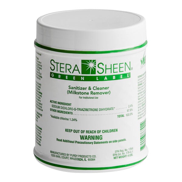 A white container with green labels and green text for Crathco Stera-Sheen Cleaner and Sanitizer.