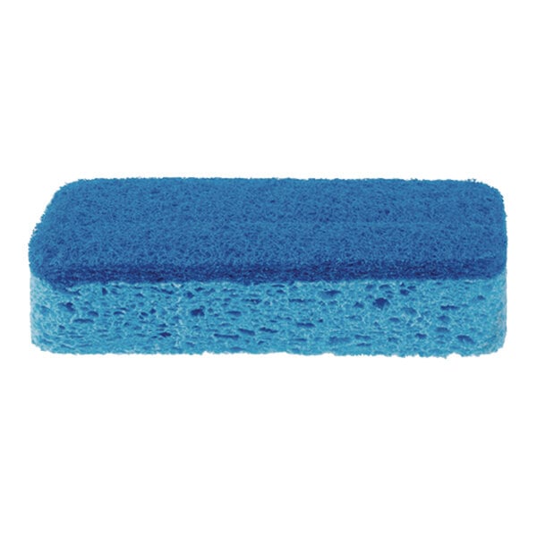 A close-up of a dark blue S.O.S all-surface scrubber sponge.