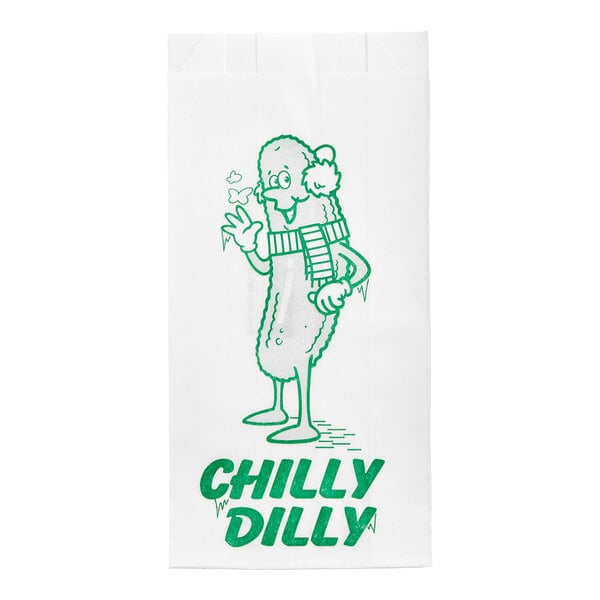 A white Bagcraft paper bag with "Chilly Dilly" printed in green, with a cartoon of a cucumber waving.