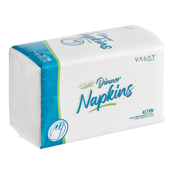 A white and blue rectangular box of Morcon Valay white dinner napkins.