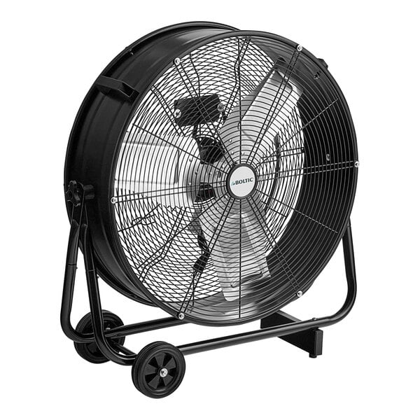 A large black Boltic industrial drum fan on wheels.