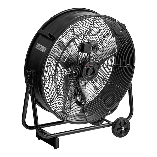 A large black Boltic industrial drum fan with wheels.