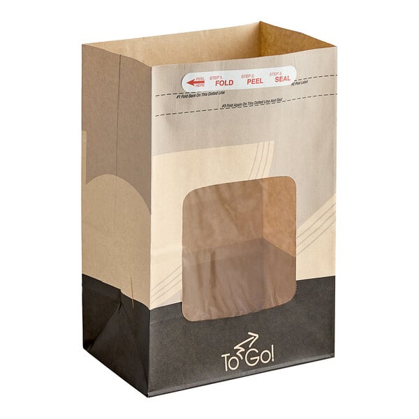 A brown Bagcraft meal bag with a square window.