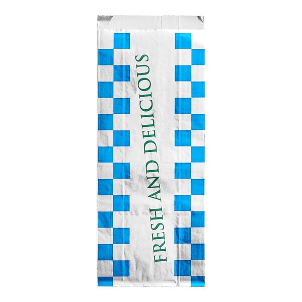 A white Bagcraft foil meal bag with blue and white checkered print and the words "Fresh and Delicious" in blue.