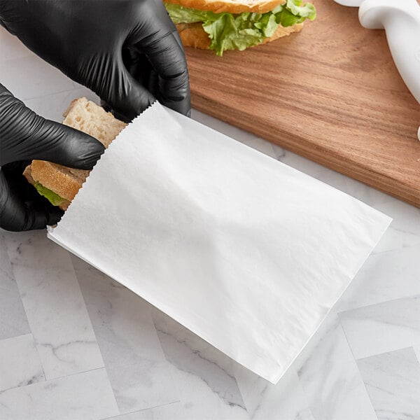 A person in black gloves putting a sandwich in a white Bagcraft sandwich bag.
