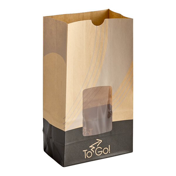 A brown paper Bagcraft meal bag with a black print and clear window.