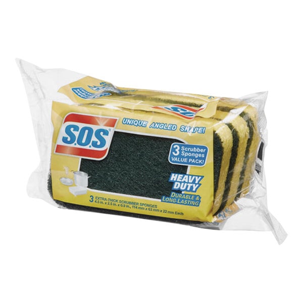 A package of 3 S.O.S yellow and green scrubber sponges.
