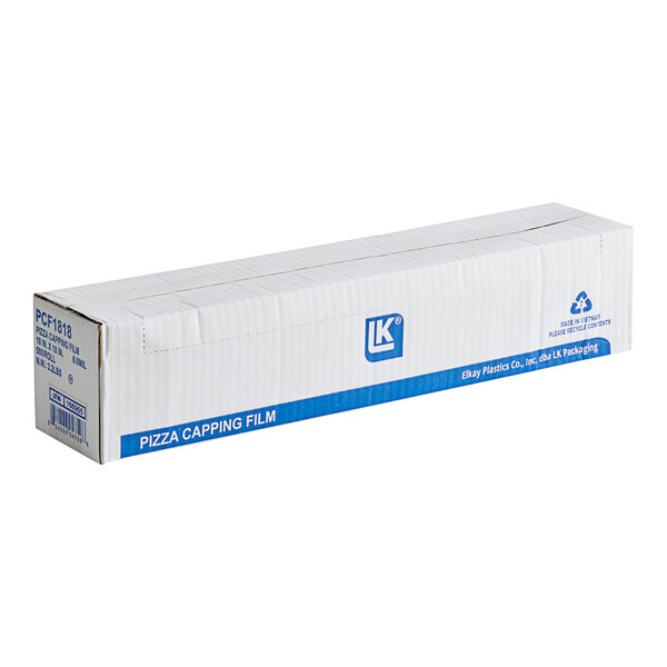 A white box with blue and white text for "LK Packaging 18" x 18" Pizza Capping Film"