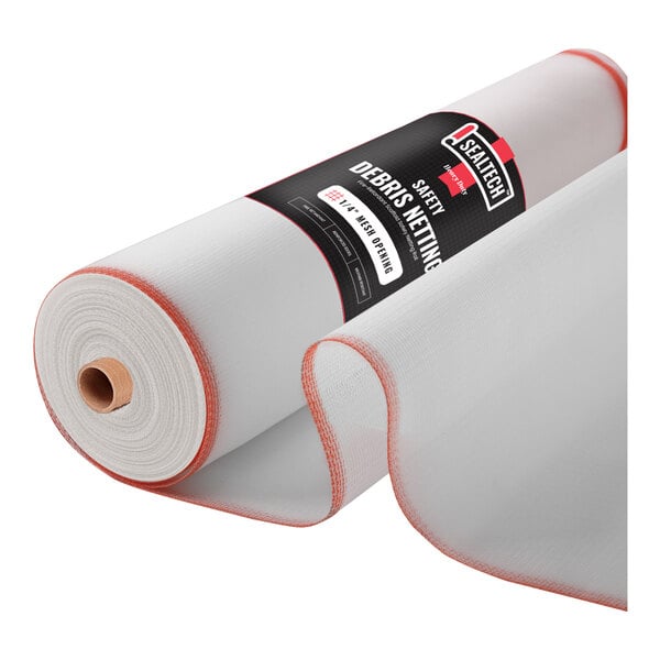 A roll of white heavy-duty mesh safety netting.