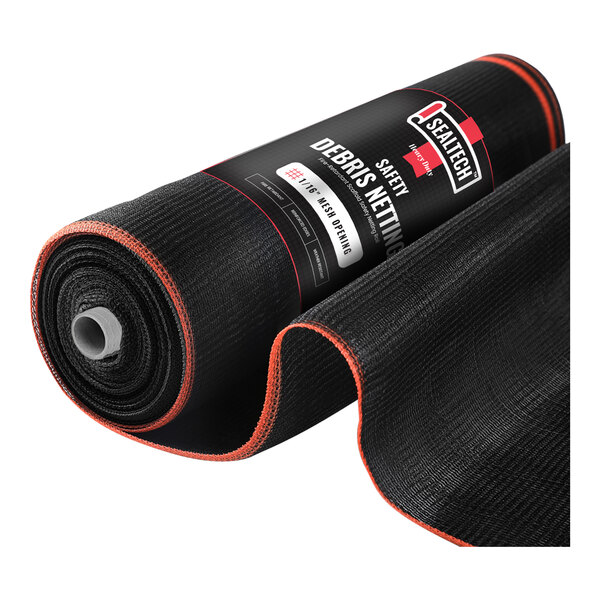 A black and red roll of safety net with the product name "SEALTECH 4' x 100' Black Heavy-Duty 1/16" Mesh Safety Debris Netting Roll"