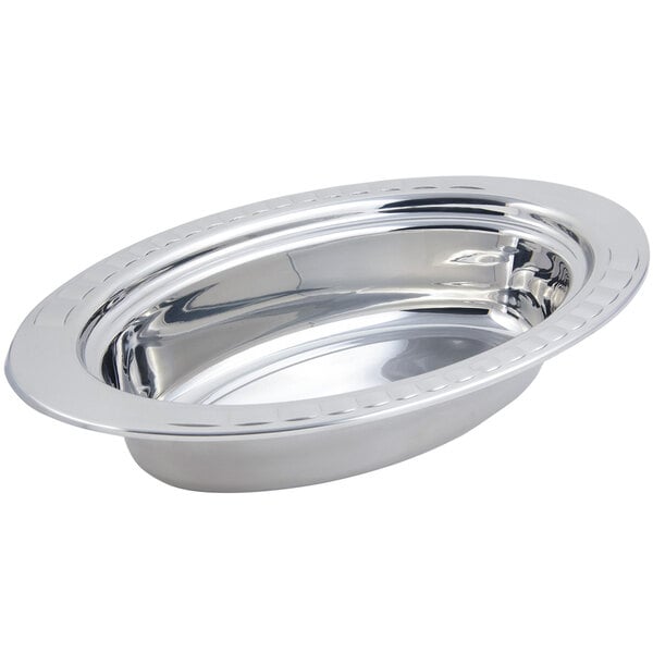 A silver Bon Chef oval food pan with a rim.