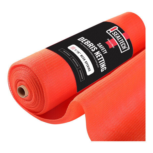 An orange roll of SEALTECH heavy-duty safety debris netting with the label on it.