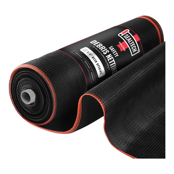 A black roll of safety net with red trim.