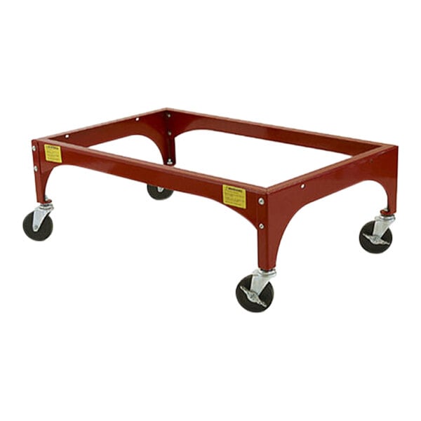 A red metal frame with black wheels.