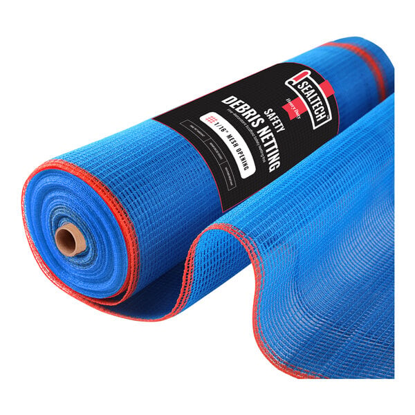 A blue mesh roll with a black label for SEALTECH Heavy-Duty Safety Debris Netting.