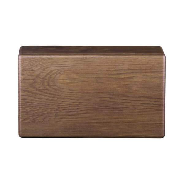 A rectangular faux walnut wood riser.