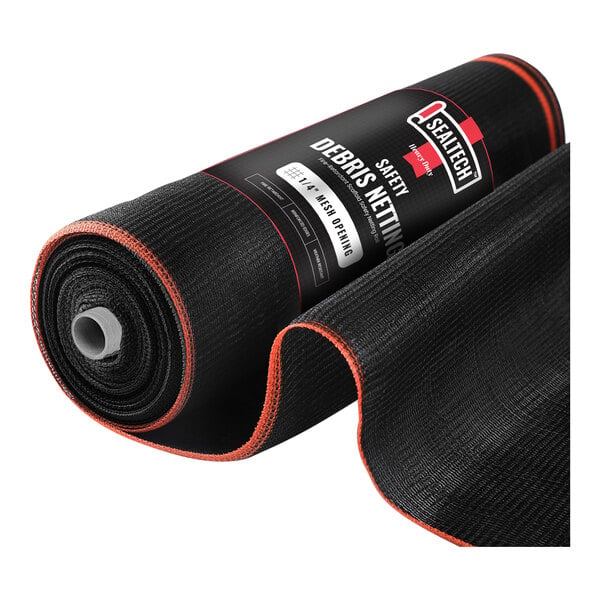 A black roll of safety net with red text reading "SEALTECH" and "HEAVY-DUTY"