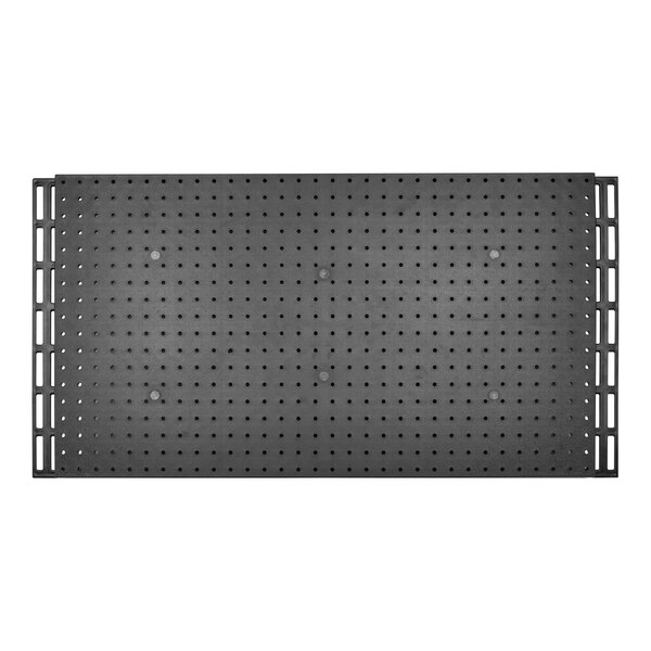 A black rectangular pegboard with holes.