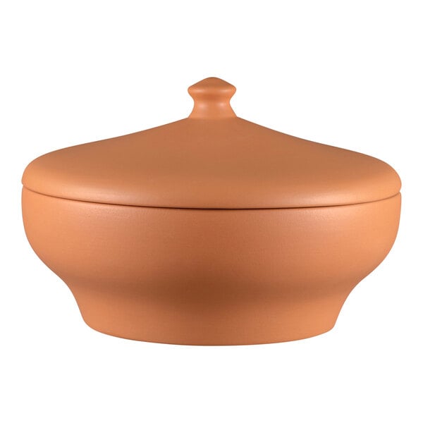 A brown Terra Cotta soup tureen and lid.