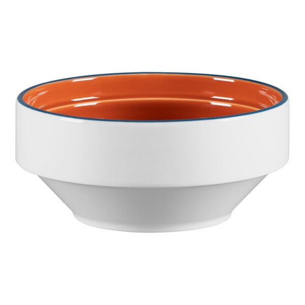 A white bowl with a brown rim and blue stripe.