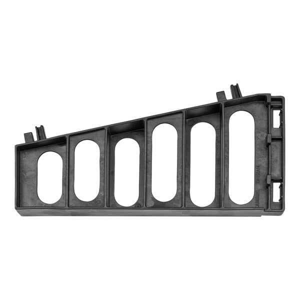 A black rectangular plastic shelf bracket with oval holes.