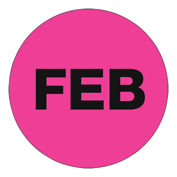 A white circle with the word "February" in black and pink.