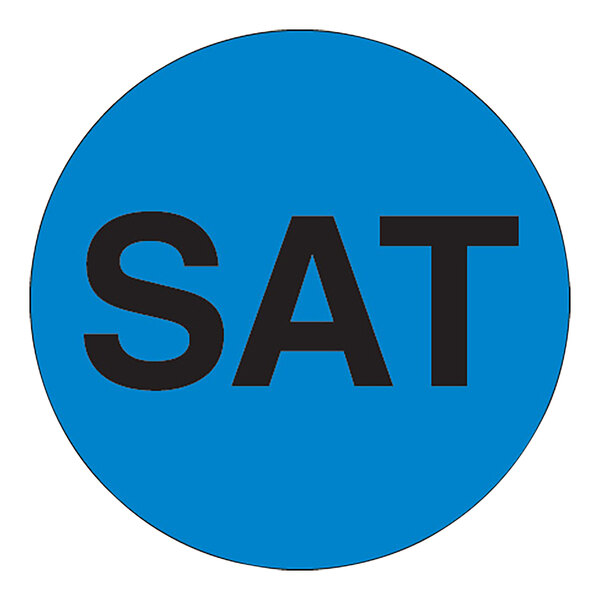 A white roll of blue circular labels with black text reading "Saturday" in black and blue.
