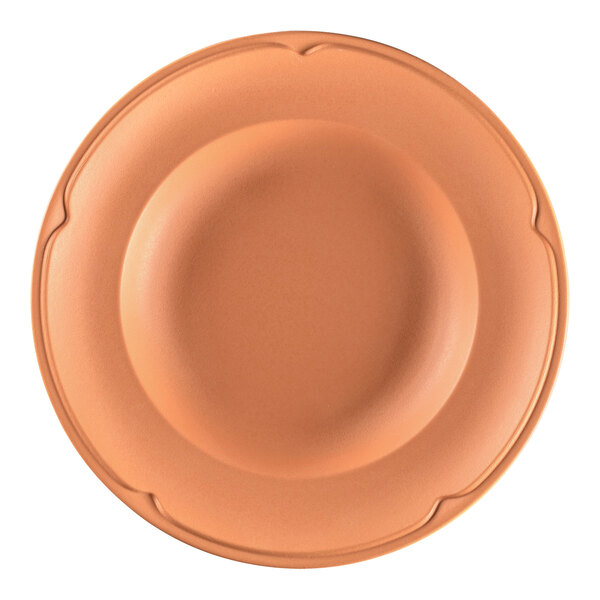 A close-up of a RAK Porcelain deep plate with a white background and brown rim.