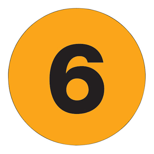 A black number 6 on a fluorescent orange circle.