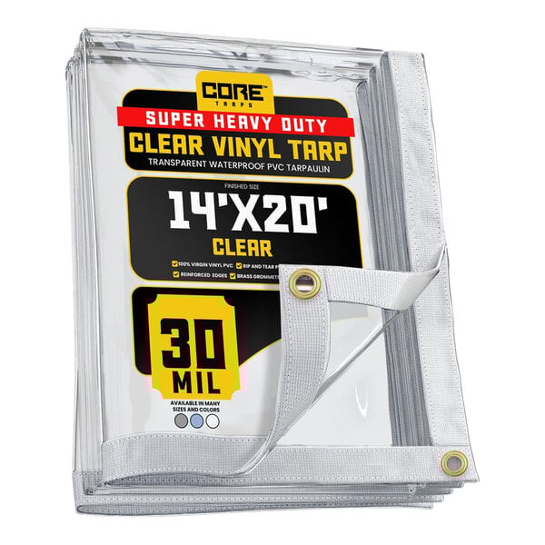 A stack of Core Clear vinyl tarps with reinforced edges.