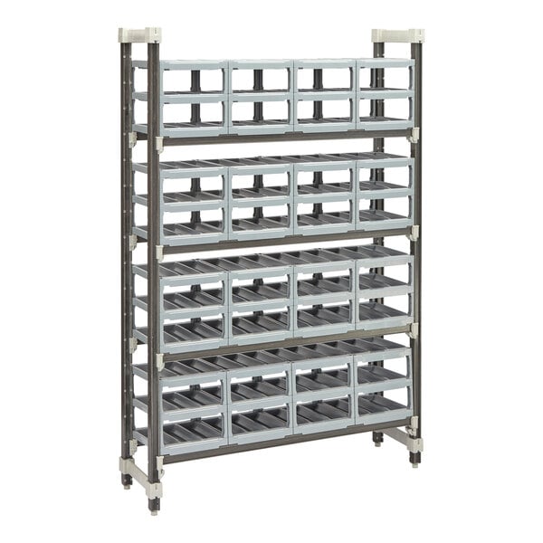 A Cambro Camshelving® Elements XTRA wine rack with stackable wine cradles.