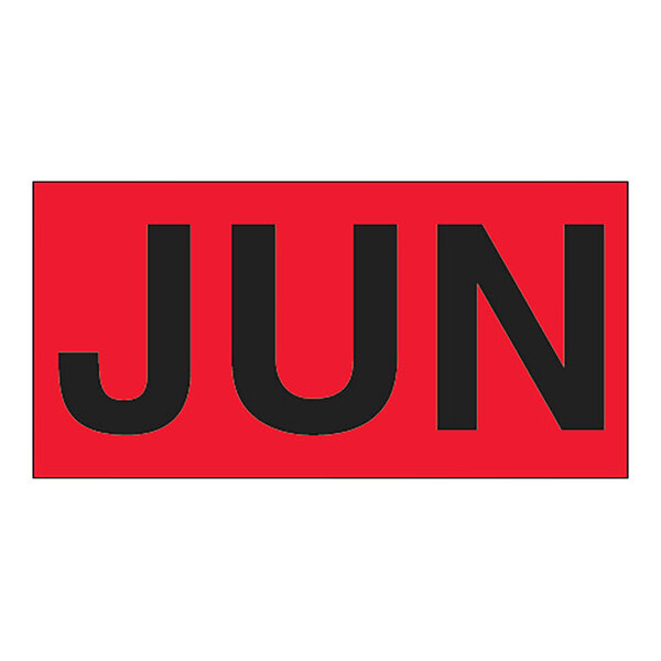 A white rectangular label with a red and black "June" sign.