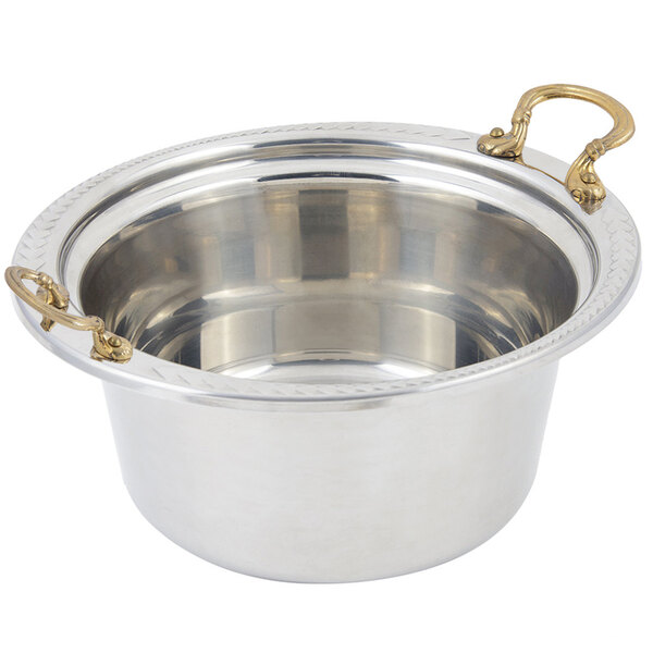 A silver stainless steel Bon Chef casserole food pan with round brass handles.