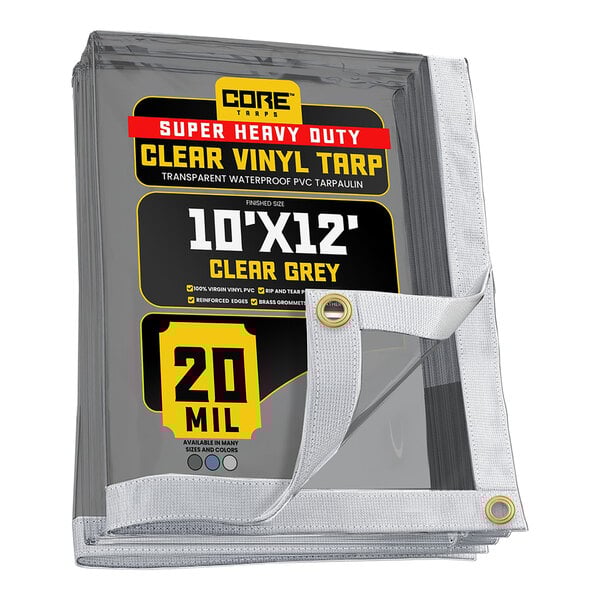 A stack of Core clear vinyl tarps with white straps.