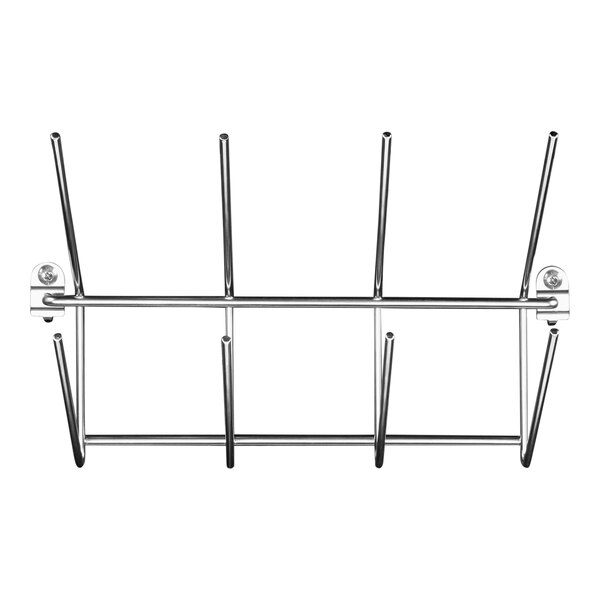 A stainless steel bottle holder rack with metal rods and hooks.