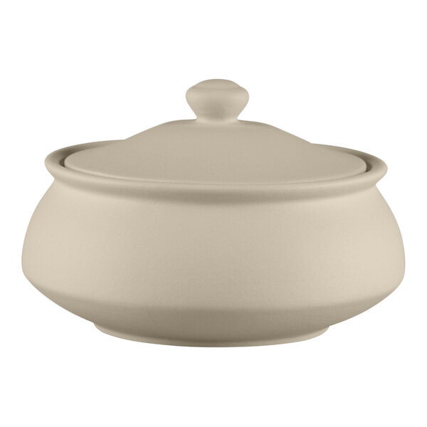 A gray porcelain handi bowl with a lid.