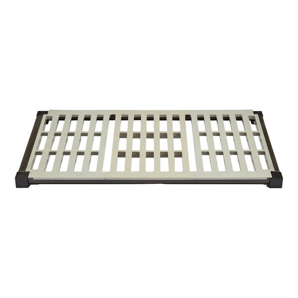 A brushed graphite metal shelf with a white square vented grate.