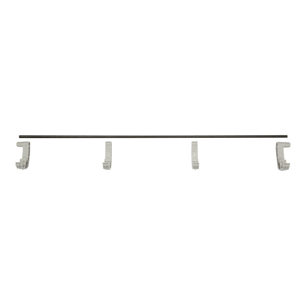A white metal shelf rail with three hooks on it.