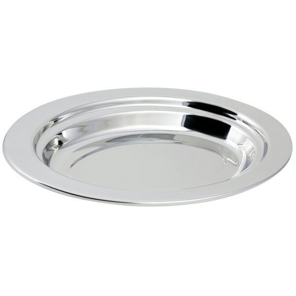 A close-up of a stainless steel Bon Chef oval food pan with a plain design.