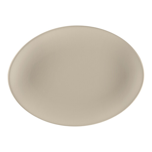 A gray porcelain oval platter with a round rim.